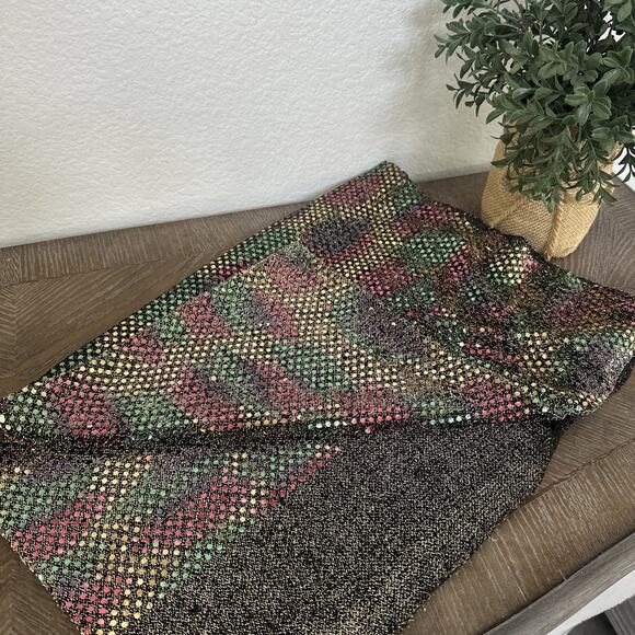 1 Yard Holographic Multi-Color Iridescent Sequin Dot Fabric On Black/Gold Knit - Picture 1 of 8